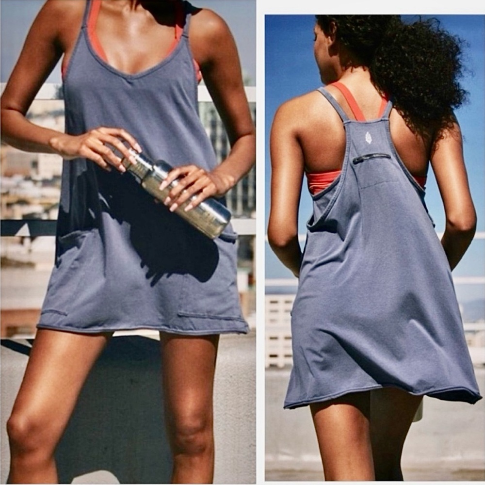 FREE PEOPLE MOVEMENT HOT SHOT MINI DRESS shorts onesie pocket indigo blue NWOT M